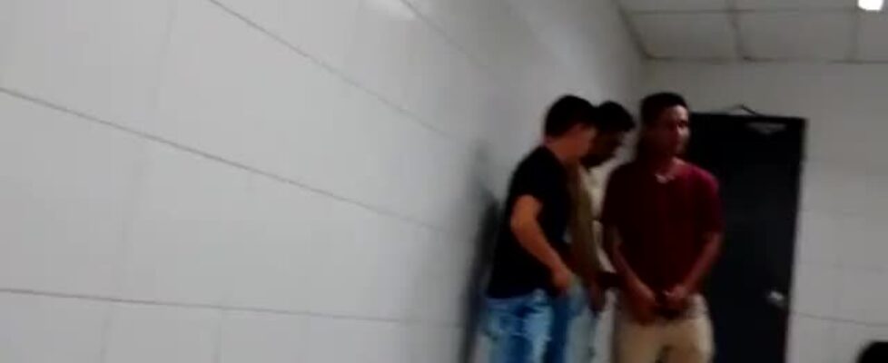 Group of young guys meet in the public bathroom to masturbate