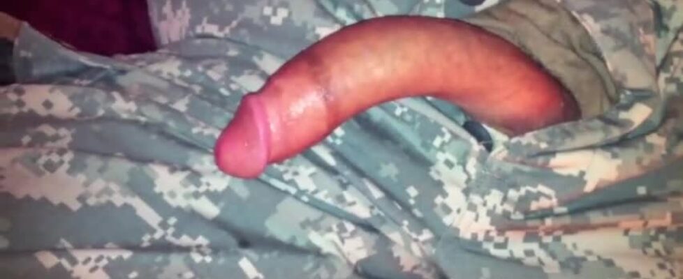 Military dude masturbating his freaky curved cock