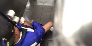 Caught jerking off in a public toilet while shooting a load