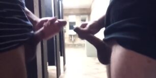 Two guys meet in a public toilet to masturbate