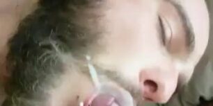 Cute bearded dude being choked on by huge cock