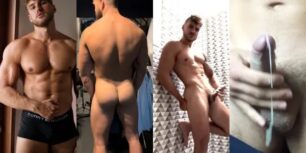 Fitness coach jerks and shoots a big load