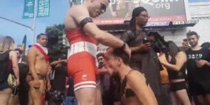 Exhibitionists having sex in a gay meeting