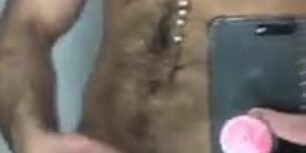 Hunk hairy latino rubbing his big cock