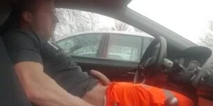 Horny muscular fireman wanking his cock before work in the car